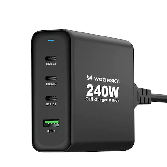 Wozinsky GaN с USB-A порт и 3 USB-C порта 240W Черен (WGCSB)