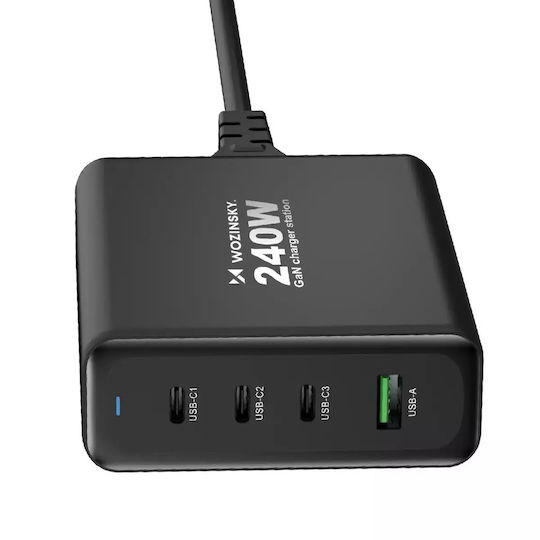 Wozinsky GaN с USB-A порт и 3 USB-C порта 240W Черен (WGCSB)