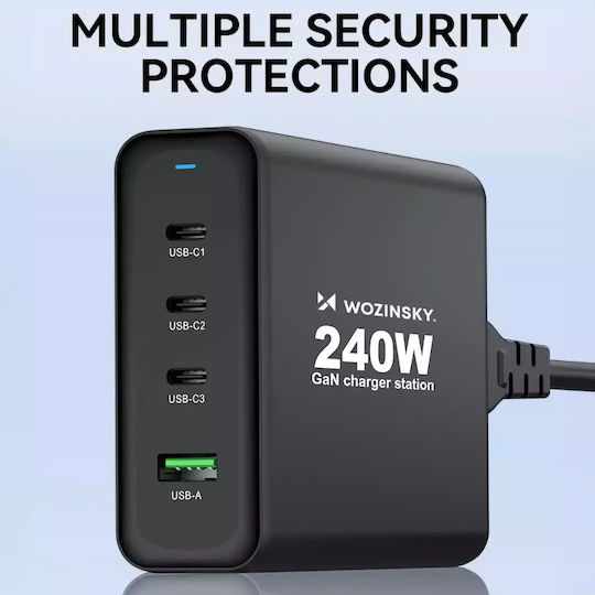 Wozinsky GaN с USB-A порт и 3 USB-C порта 240W Черен (WGCSB)