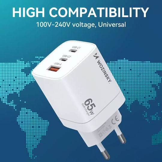 Wozinsky Charger Without Cable GaN with USB-A Port and 2 USB-C Ports 65W Whites (CGWCW)