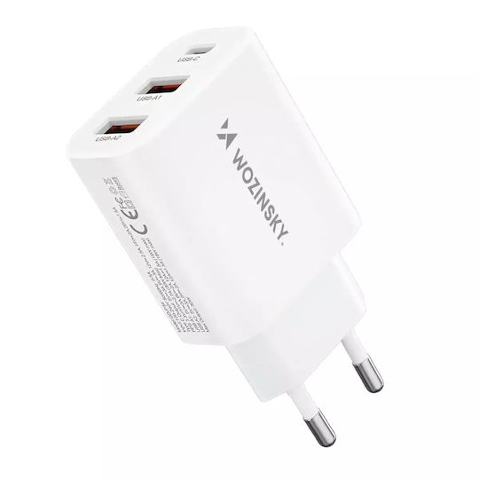 Wozinsky Încărcător Fără Cablu cu 2 Porturi USB-A și Port USB-C 30W Albς (CWCUCW)