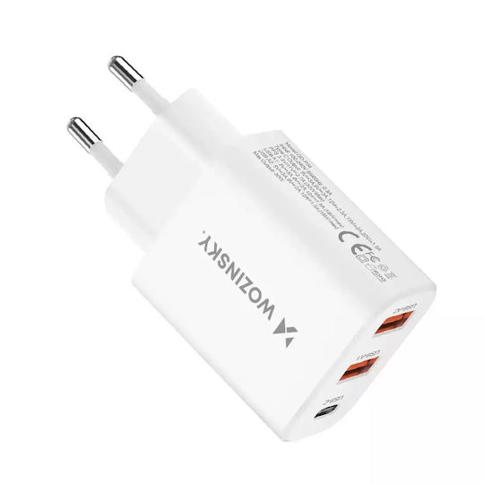 Wozinsky Încărcător Fără Cablu cu 2 Porturi USB-A și Port USB-C 30W Albς (CWCUCW)