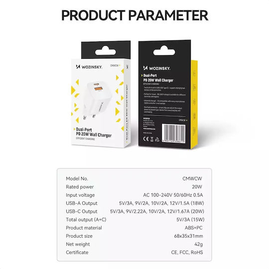 Wozinsky Charger Without Cable with USB-A Port and USB-C Port 20W Power Delivery / Quick Charge 3.0 Whites (CMWCW)