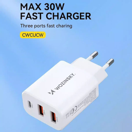 Wozinsky Încărcător Fără Cablu cu 2 Porturi USB-A și Port USB-C 30W Albς (CWCUCW)