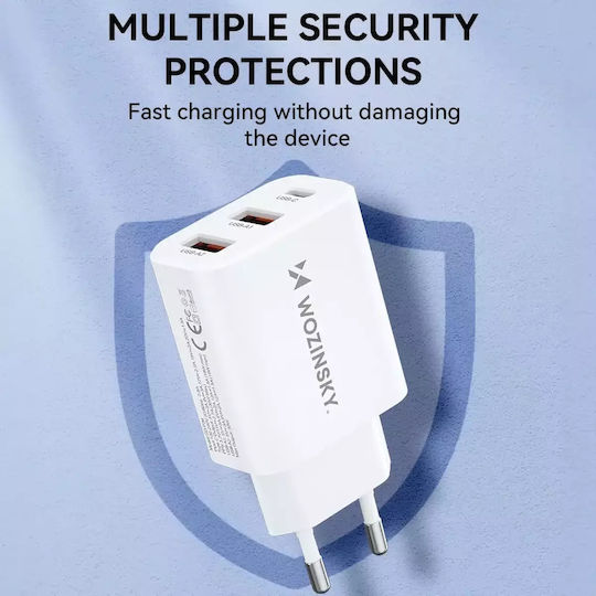 Wozinsky Încărcător Fără Cablu cu 2 Porturi USB-A și Port USB-C 30W Albς (CWCUCW)
