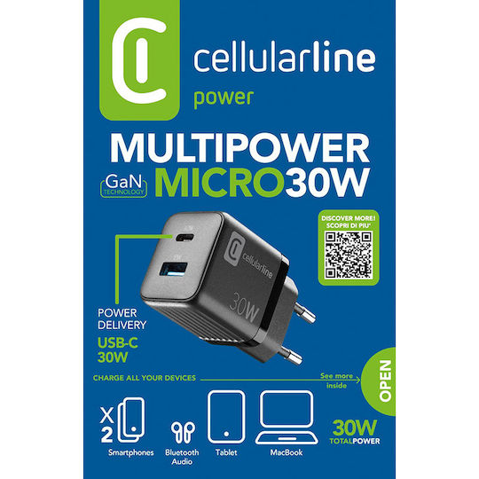 Cellular Line Ladegerät ohne Kabel GaN mit USB-A Anschluss und USB-C Anschluss 30W Stromlieferung Schwarzs (Multipower Micro)