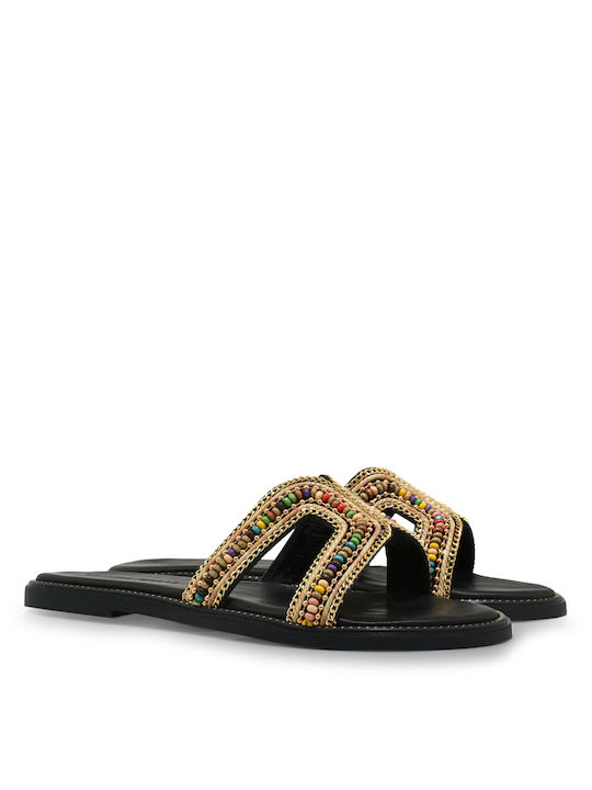 Tsakiris Mallas Leather Women's Flat Sandals in Black Color