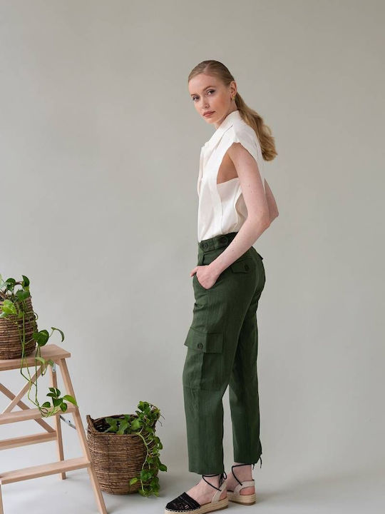 Linen Cargo Trousers Royal Mind Matter Green