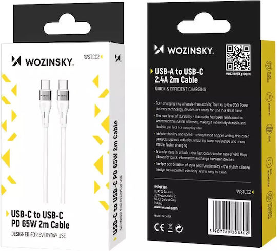 Wozinsky USB 2.0 Kabel USB-C männlich - USB-C 65W PD Weiß 2m WSTCC2