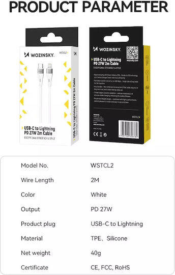 Wozinsky USB-C to Lightning Cable 27W Λευκό 1m (WSTCL1)