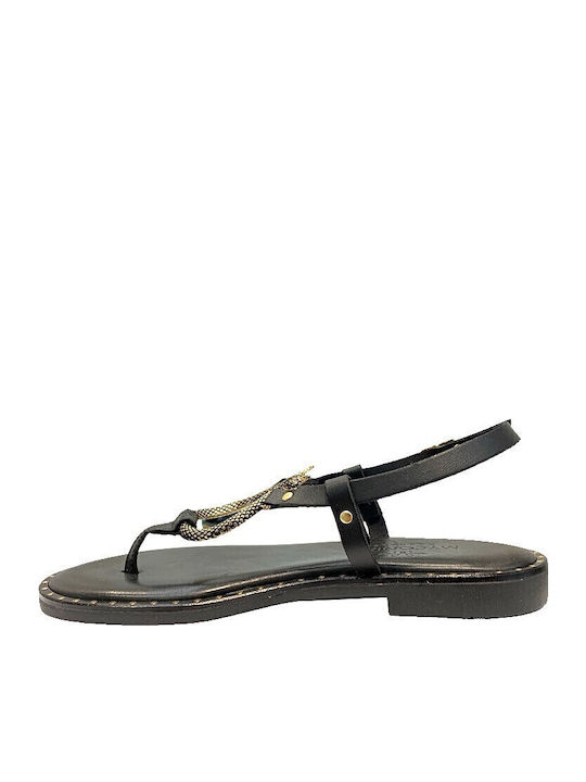 Leather Women's Flat Sandals in Black Color