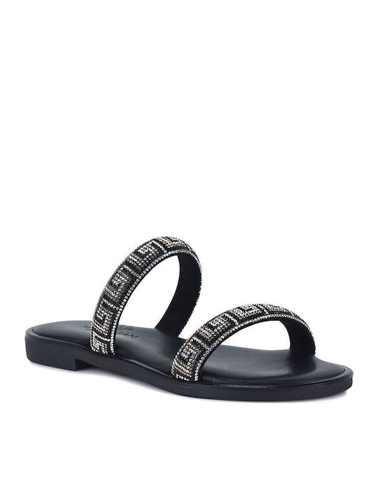 Leather Women's Flat Sandals in Black Color