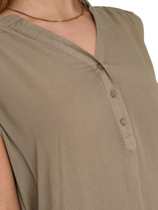 Only Damen Bluse Ärmellos mit V-Ausschnitt Beige