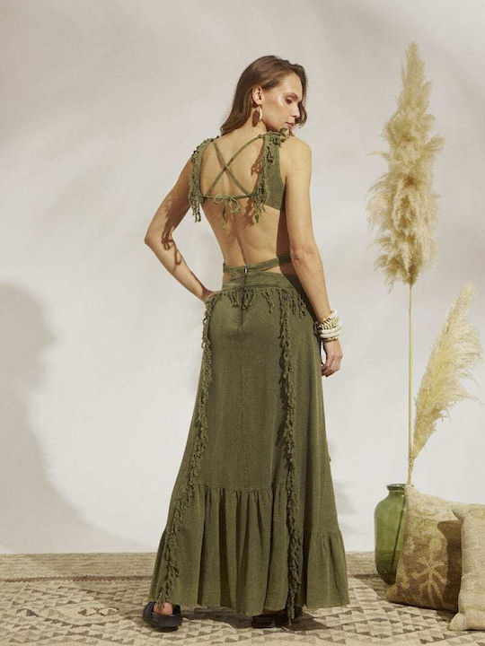 Christelle Nima Long Dress with Crochet Details Khaki 14.2042c