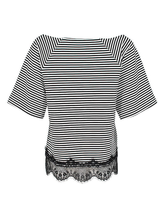 Forel Damen Bluse Kurzärmelig Gestreift Black and white