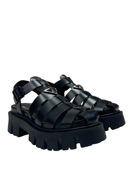 Tsakiris Mallas Leather Women's Flat Sandals in Black Color