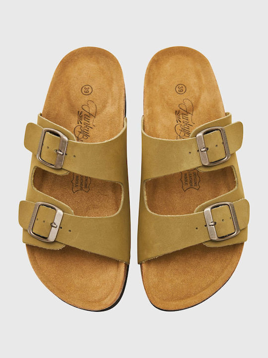 Leather Women's Flat Sandals in Green Color