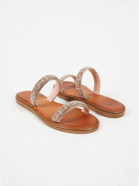 Piazza Shoes Leather Women's Flat Sandals in Gold Color