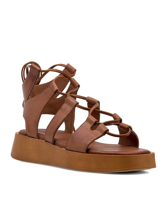 Tsakiris Mallas Leather Women's Flat Sandals Flatforms in Tabac Brown Color