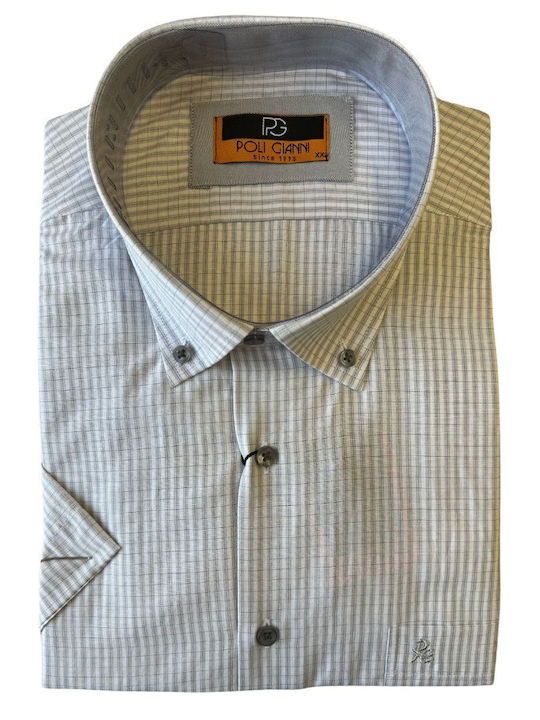 Poligianni Men's Shirt Short Sleeve Cotton Checked Grey