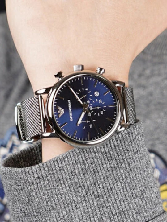 Emporio Armani Luigi Ανδρικό Ρολόι 46mm Χρονογράφος Μπαταρίας με Ατσάλινο Μπρασελέ Navy/Silver
