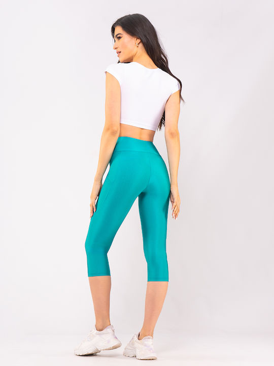 Yoga Frauen Capri Leggings Glänzend & Hochgeschnitten Turquoise