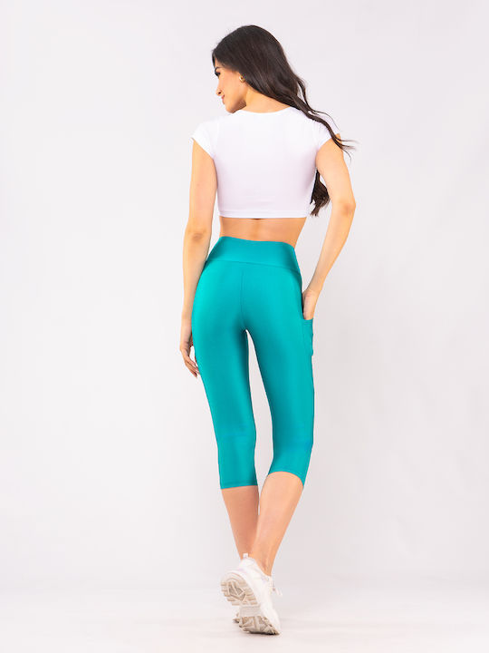 Yoga Frauen Capri Leggings Glänzend & Hochgeschnitten Turquoise