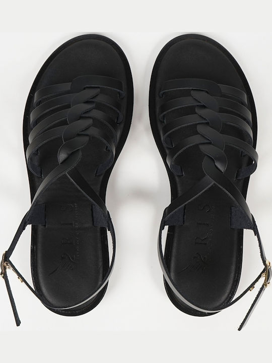 Leather Women's Flat Sandals in Black Color
