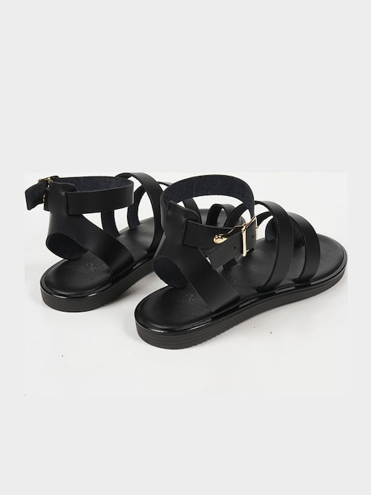 Leather Women's Flat Sandals in Black Color