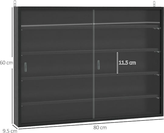 Wall-Mounted Living Room Display Cabinet Made of Particle Board Black with Glass 80x9.5x60cm