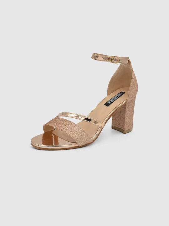 Mulanka Leather Women's Sandals Gold with Chunky High Heel