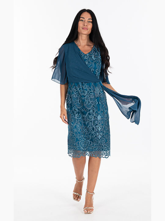 Rodonna Midi Dress for Wedding / Baptism with Lace Petrol Blue