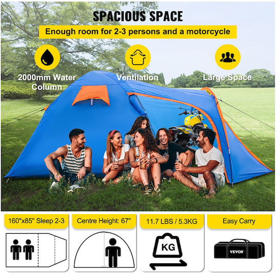 Vevor Camping Tent Tunnel Blue 3 Seasons for 3 People 405x215x170cm