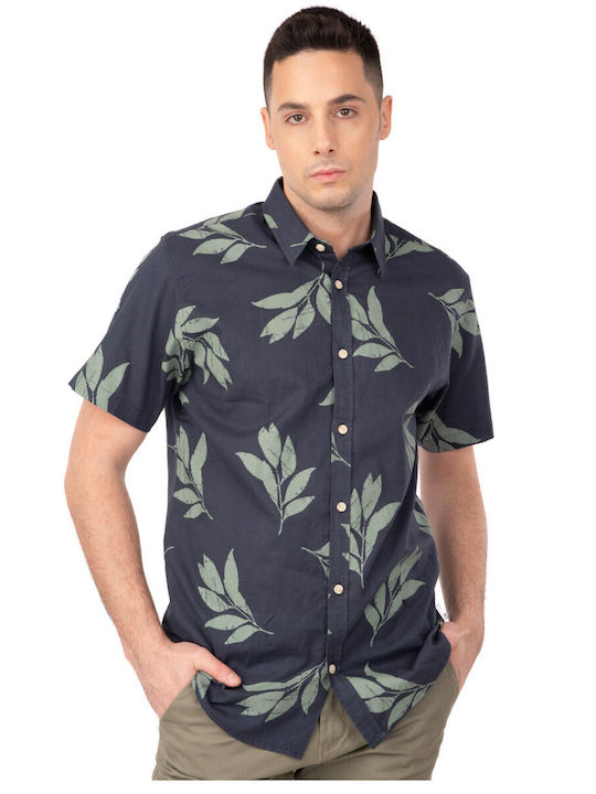 Rebase Men's Shirt Linen Floral Dark Blue