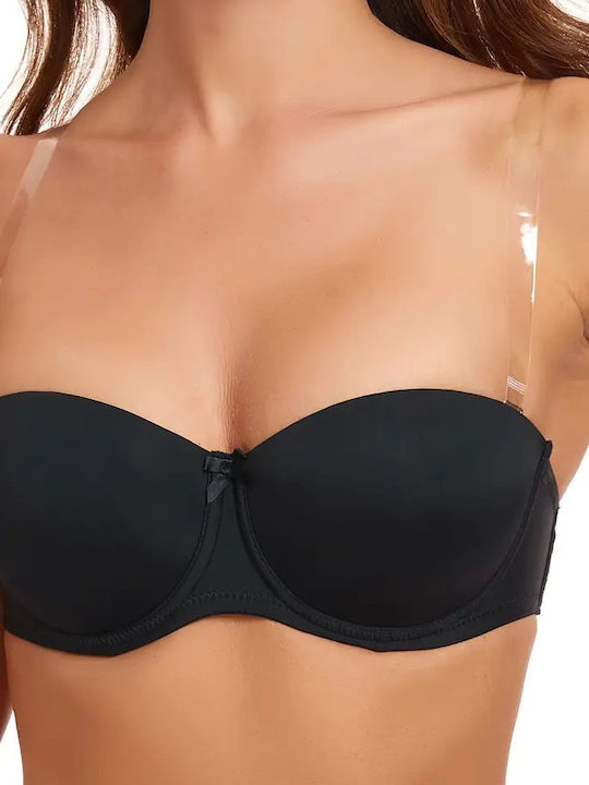 Set Join Sutien Femei Fără Bretele Push-Up Spate Transparent Cupă Silicon B Poliamidă Bej-Negru