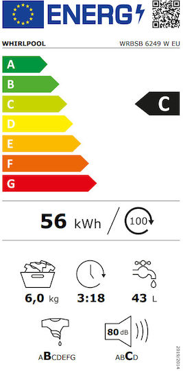 Whirlpool Πλυντήριο Ρούχων 6kg 1200 Στροφών 6th Sense WRBSB 6249 W EU