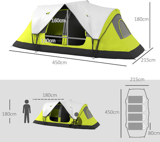 Outsunny Camping Tent Tunnel Green with Double Cloth 3 Seasons for 4 People 450x215x180cm