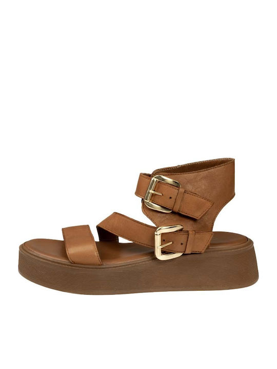 Leder Flache Sandalen für Damen Flatforms in Tabac Braun Farbe