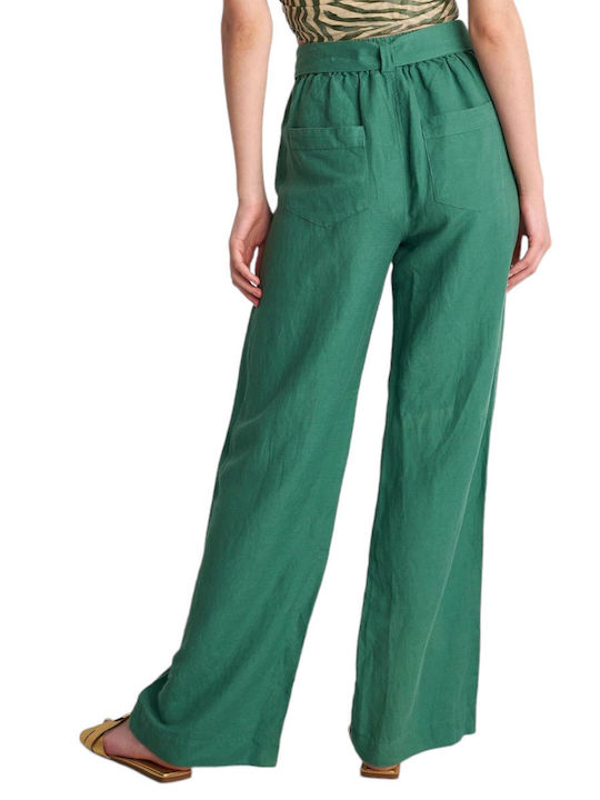 Attrattivo Women's High-waisted Linen Trousers with Elastic in Straight Line Green