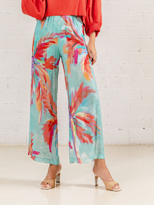 Moutaki Women's Fabric Capri Trousers Floral Turquoise