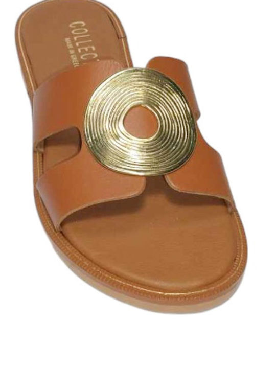 Gk Shoes Leather Women's Flat Sandals in Tabac Brown Color