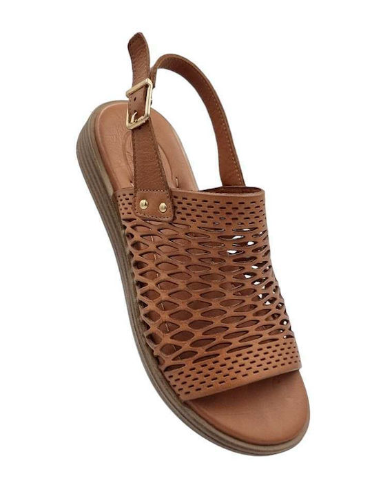 Leather Women's Flat Sandals in Tabac Brown Color