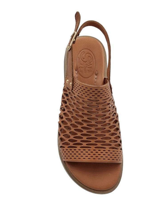 Leather Women's Flat Sandals in Tabac Brown Color