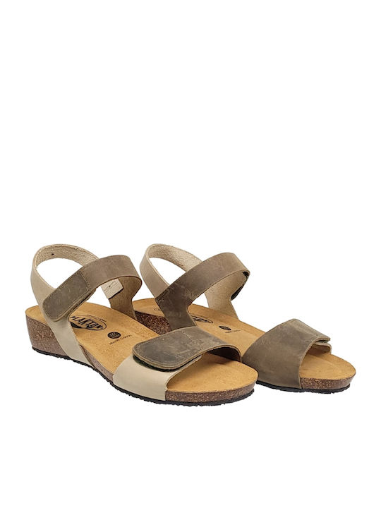 Δερμάτινα Γυναικεία Ανατομικά Σανδάλια Χακί-μπεζ