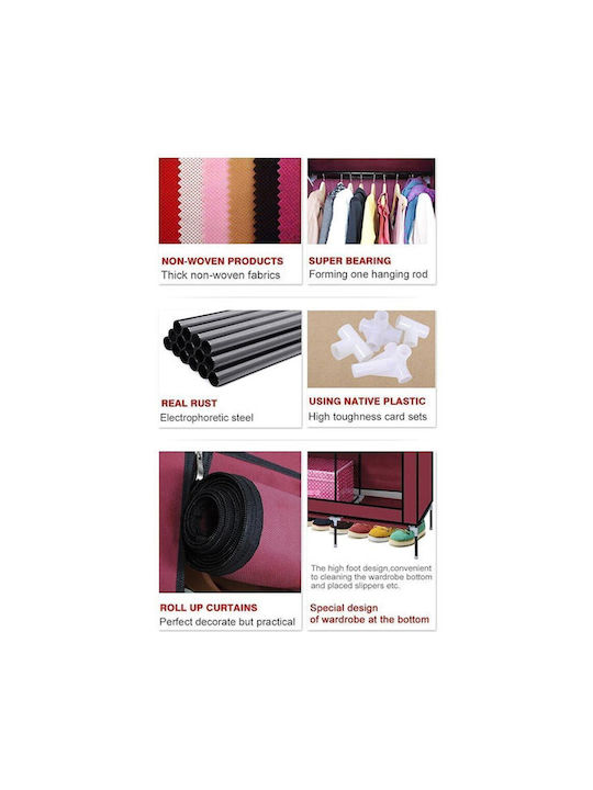 1014 Fabric Wardrobe with Zipper and Shelves in Red Color 130x45x175cm