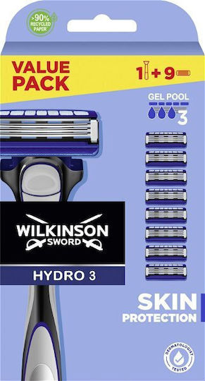 Wilkinson Sword Sword Hydro 3 Бръсначка с Резервни глави 3 остриета и лубрикантна лента за чувствителна кожа 9бр