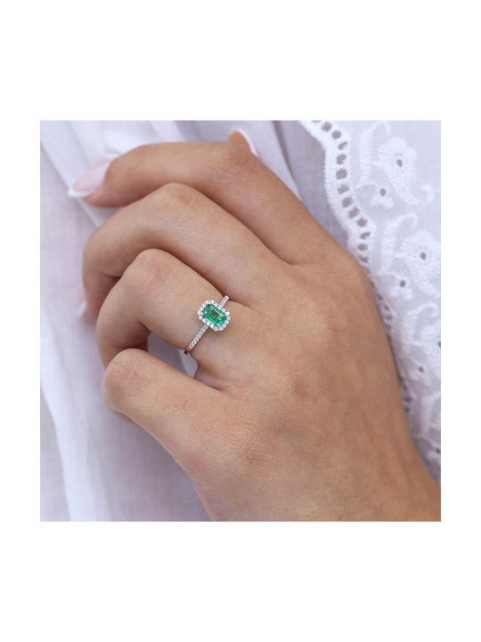 Rosette Ring with Emerald & Diamonds in 18K White Gold P-71377 18K White Gold