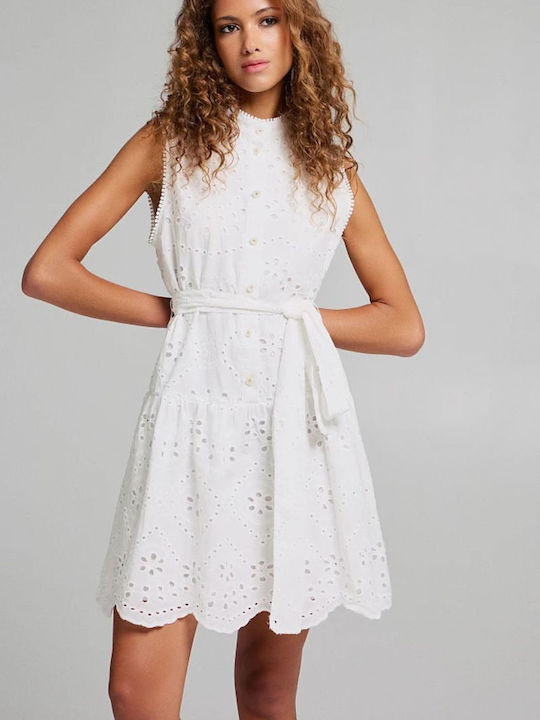 BSB Mini Σεμιζιέ Φόρεμα με Βολάν Λευκο