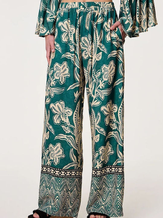 Women's High-waisted Fabric Trousers with Elastic Green
