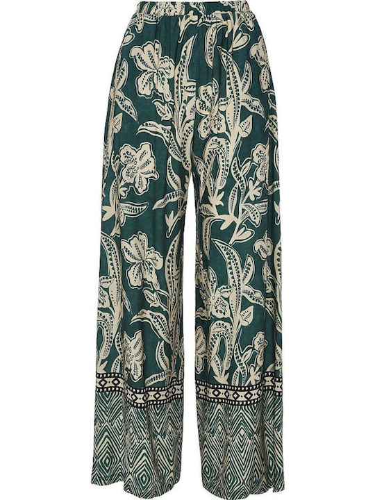 Women's High-waisted Fabric Trousers with Elastic Green